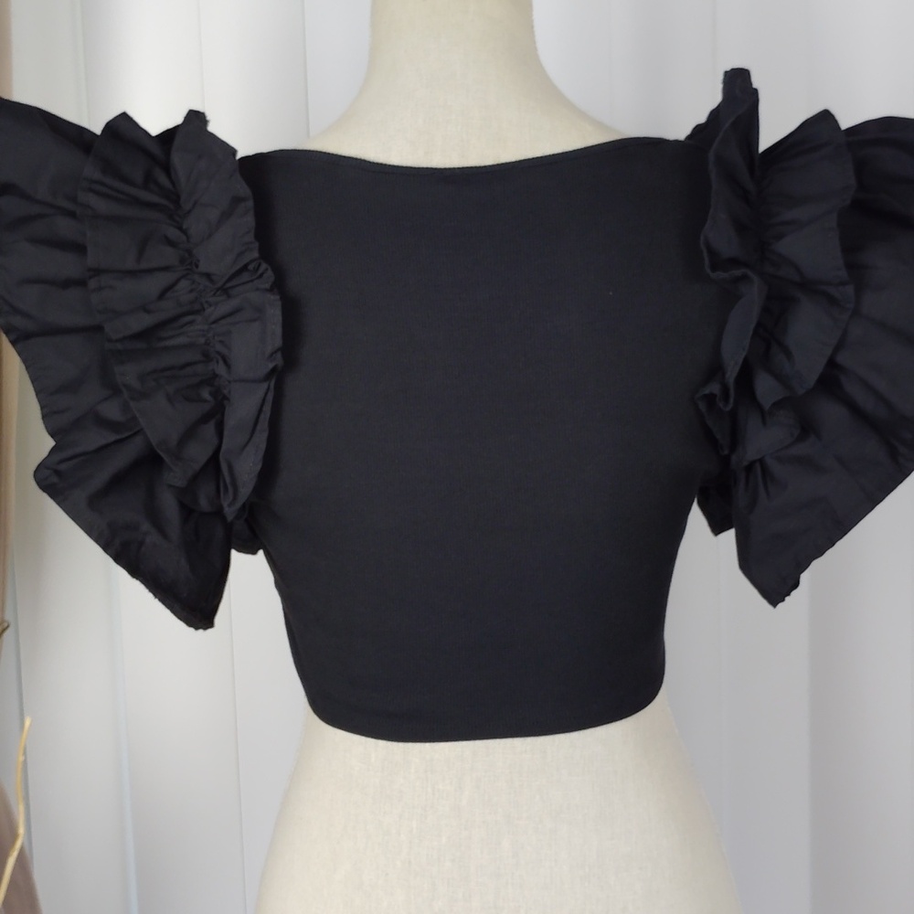 Zara Black Stretch Ruffled Sleeves Top. - Picture 5 of 14
